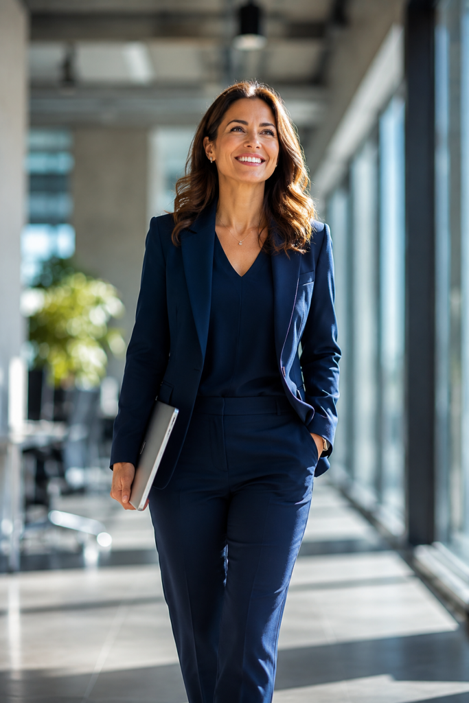 Directora de recursos humanos sonriendo con confianza en un pasillo corporativo moderno iluminado, transmitiendo tranquilidad y procesos eficientes.